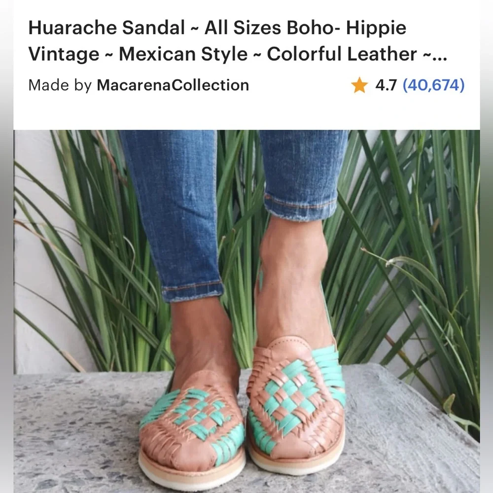 ✨ Tan & Teal Leather Huarache Sandals | Women’s Size 7 | Like New ✨ - Picture 3 of 8